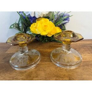 Vintage Etched Glass Candle Holders – Yellow and Clear Floral Design Retro Decor